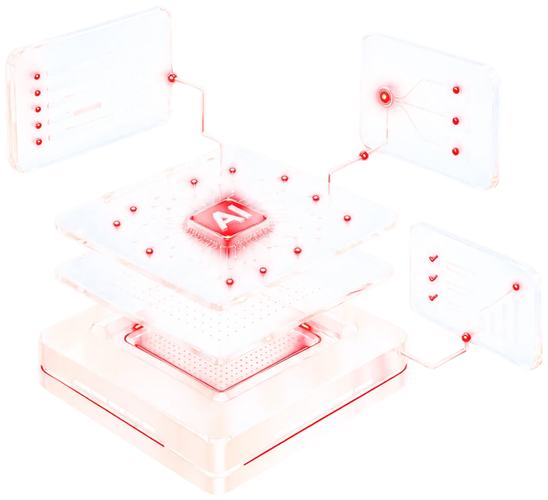 A glowing AI chip on layered glass above a metal base, connected to three floating glass panels