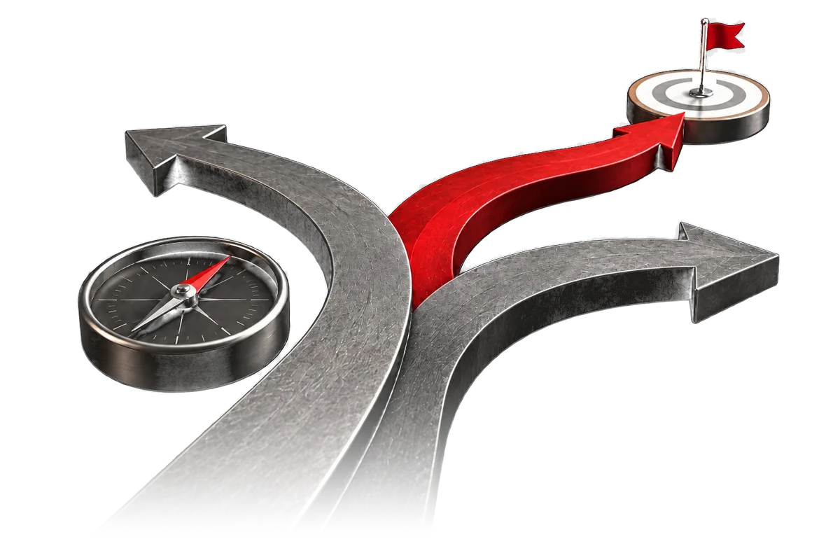 Two grey metal arrows branching away while a red arrow curves from a compass to a target with a flag, showing the clear path to the goal