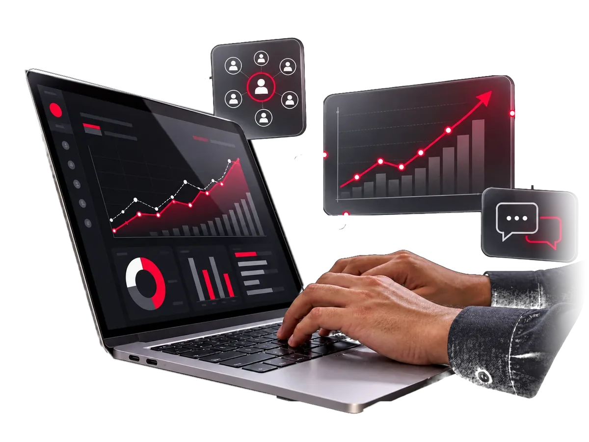 A laptop showing a rising growth dashboard, with floating glass panels for audience, performance chart and messaging