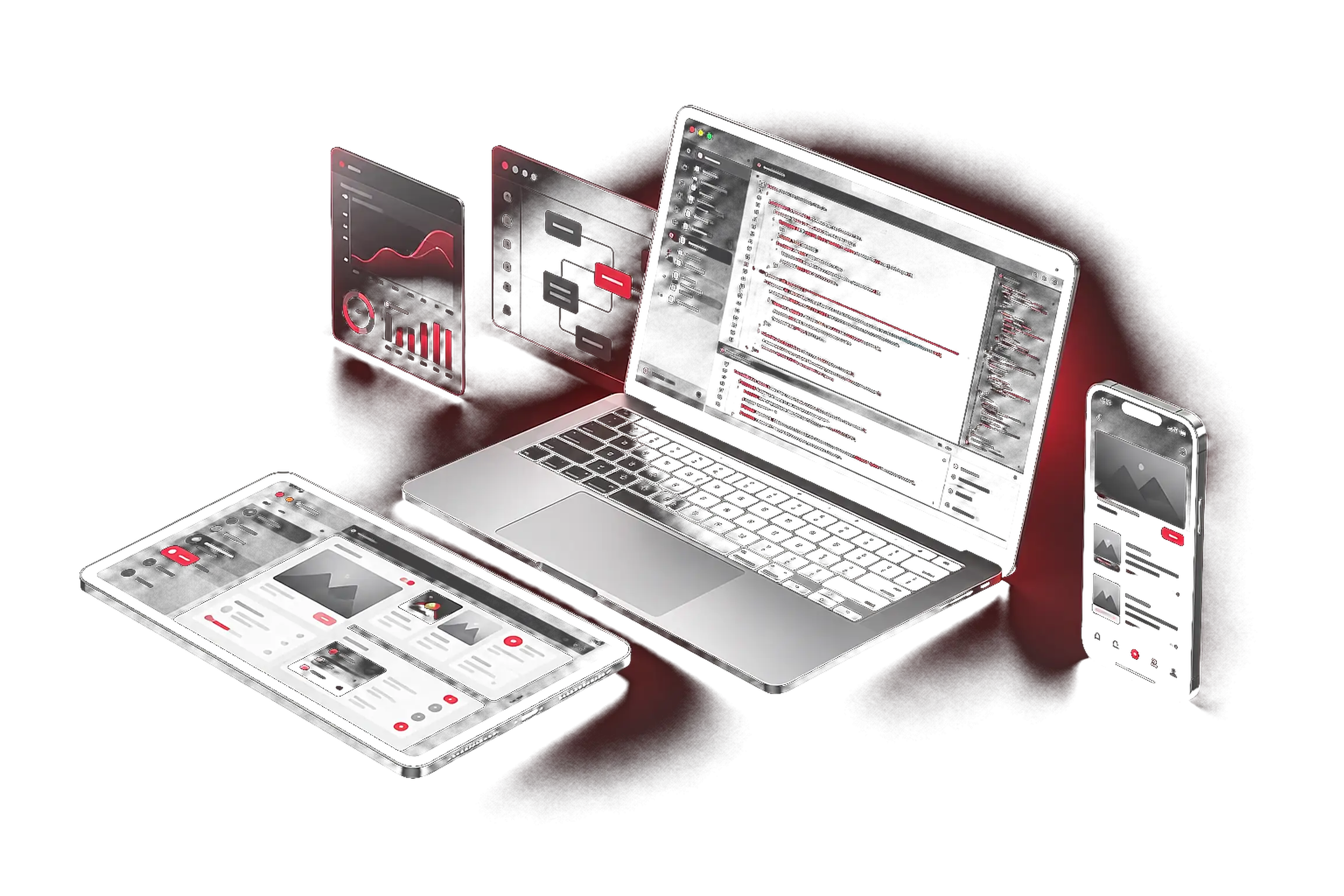 A laptop showing code, a tablet and a phone with app screens, and two floating glass dashboard panels